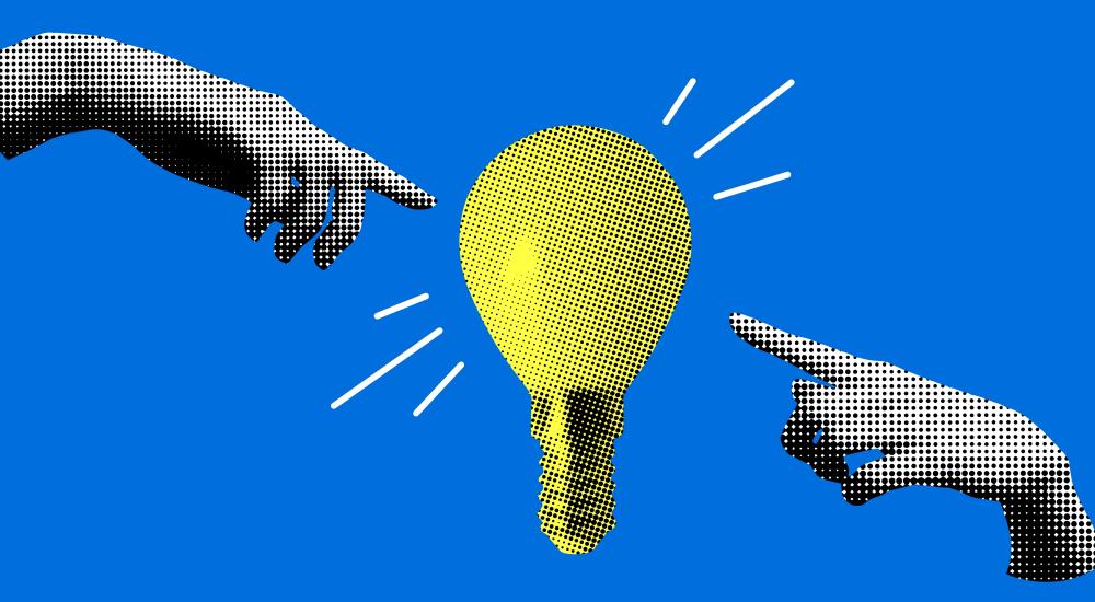 Collage illustration of two hands and a light bulb
