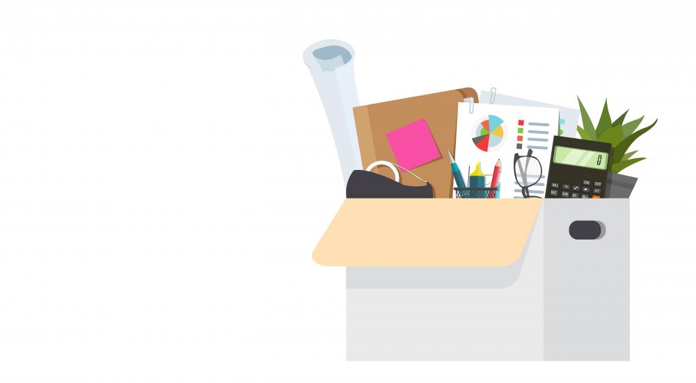 Illustration of a box filled with desk accessories