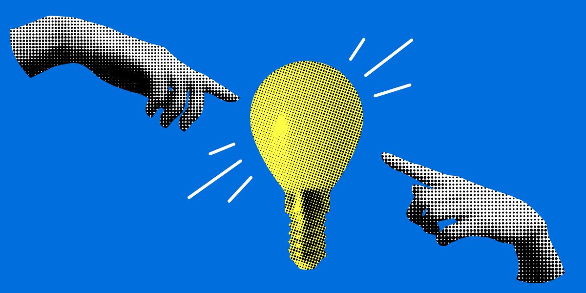 Collage illustration of two hands and a light bulb